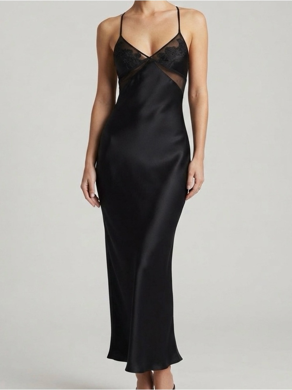 H&M Black Satin Slip Maxi Dress with Lace Detail